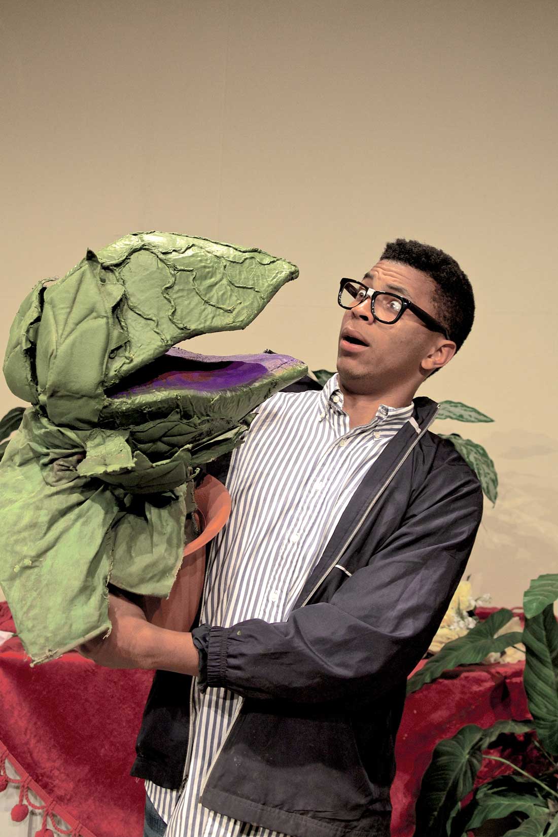 Gabriel Lawson comes face to, uh, face? with Audrey in Jubilee Theatre’s Little Shop of Horrors. See Sunday.