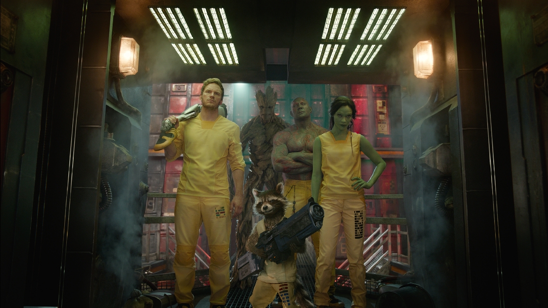 (Clockwise from top) Groot, Dave Bautista, Zoe Saldana, Rocket, and Chris Pratt are an unlikely bunch of Guardians of the Galaxy.