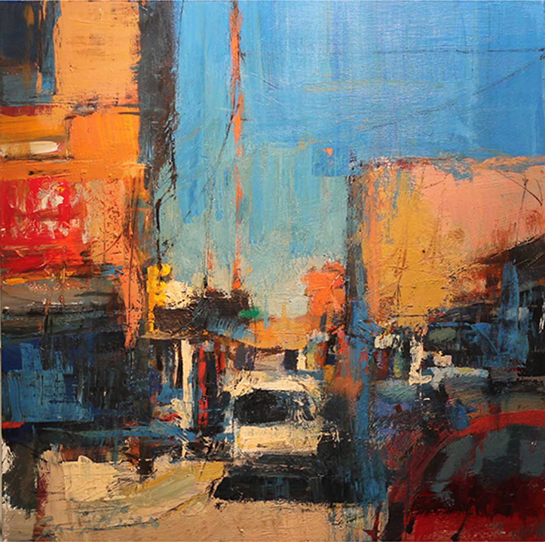 Fort Worth’s Tony Saladino abstracts one particular historic district in his painting “Fort Worth Stockyards Revisited II.”
