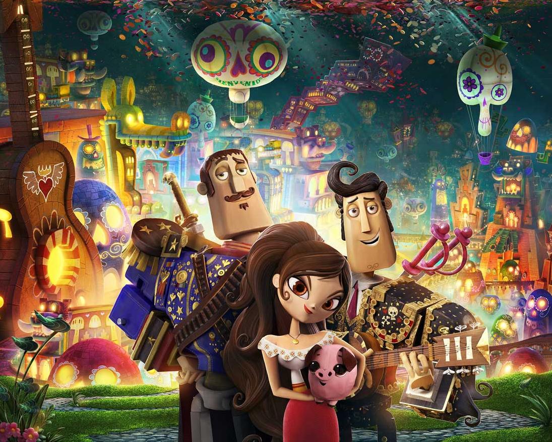 Joaquín, María, and Manolo stand in front of a Día de los Muertos world in The Book of Life.