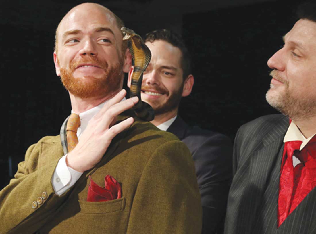 Aaron Roberts, cobra, John-Michael Marrs, and Thomas Ward in Stage West’s The Explorers Club.