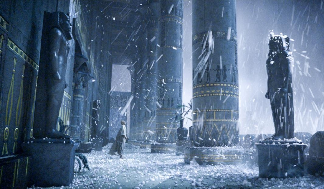 Joel Edgerton and his palace are pelted by hail in Exodus: Gods and Kings.