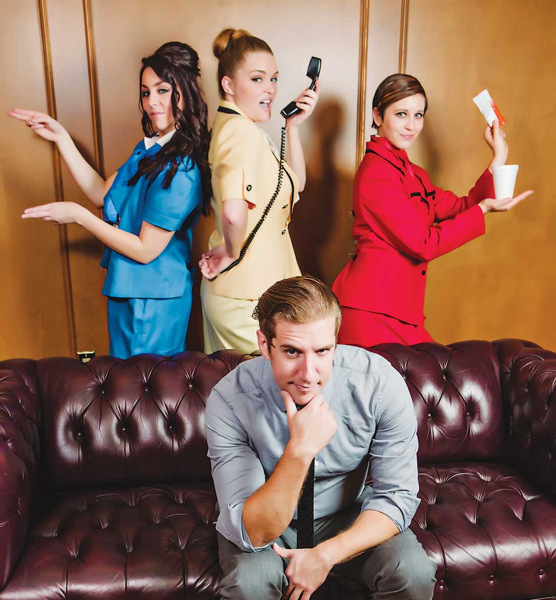 Jonathan Flippo (front) finds it difficult to juggle Taylor Staniforth, Jenna Anderson, and Sara Blair in Theatre Arlington’s Boeing-Boeing.