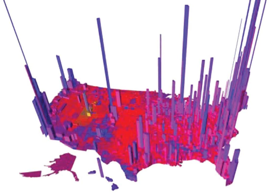 Our divided electorate, in 3-D. The height of each tower is proportional to the “voter density” so that the volume of each “tower” is proportional to the number of votes. (Via princeton.edu) 