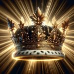 A majestic, ornate crown adorned with golden leaves and intricate designs, set against a dark background. Radiant beams of light emanate from behind, highlighting its regal appearance and giving the image a luminous, almost celestial quality.