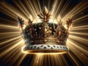 A majestic, ornate crown adorned with golden leaves and intricate designs, set against a dark background. Radiant beams of light emanate from behind, highlighting its regal appearance and giving the image a luminous, almost celestial quality.
