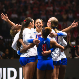 SMU volleyball team celebrates